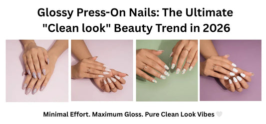 Glossy press-on nails with a clean and trendy 2026 beauty look .