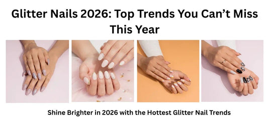 Trendy Glitter Nails 2026 featuring pastel shimmer, French glitter tips, floral nails, and butterfly nail art designs.