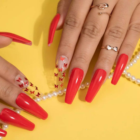 Red Butterfly Fake Nails Set