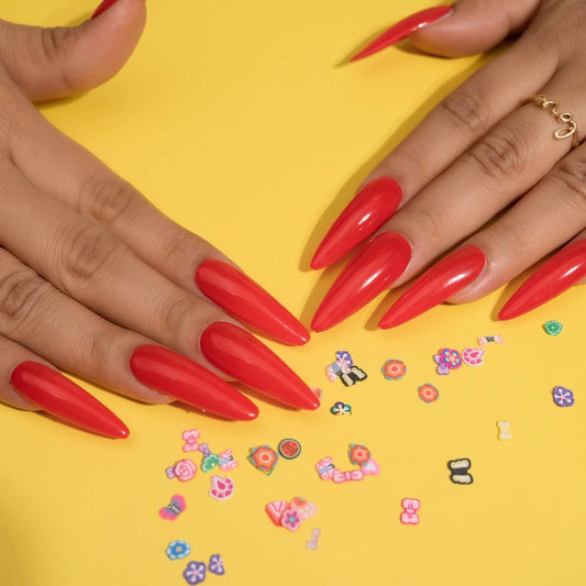 Plain Long Red Accent Glossy Presson Nails