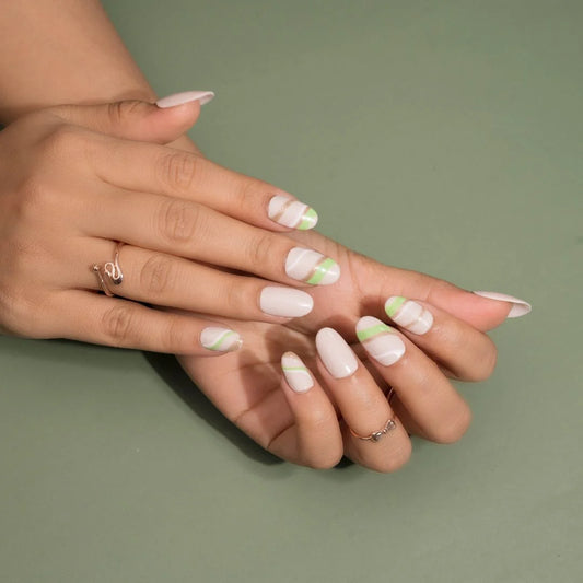 Green Glittery Nude Acrylic like Nails Set