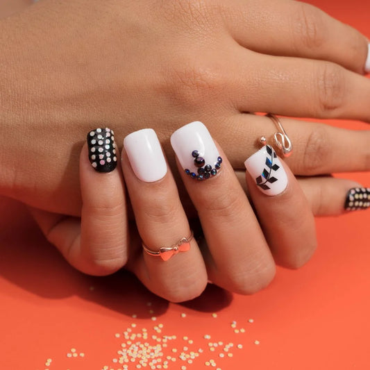 Black and White Rhinestone Presson Nails