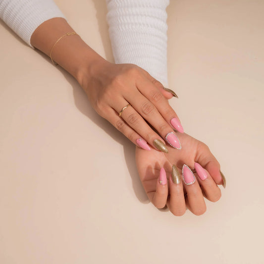Rhinestone Nail Art Pink and Golden Stick-On Nails Kit