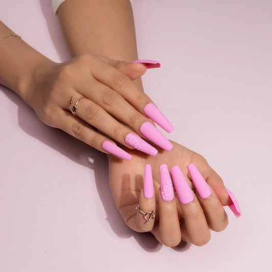 Lavender 3D Rose Presson Long Nails Set