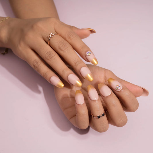 Golden Chrome and Diamond Press On Nails Set with Golden Ombre Nails Pattern