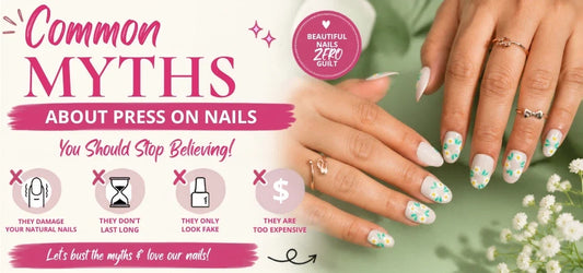 Common press-on nail myths, white floral reusable press-on nails, salon-quality fake nails, and nail care tips.