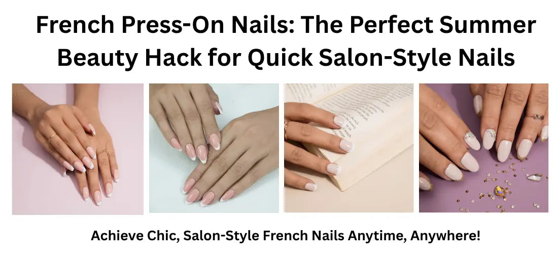 French press-on nails with nude base and white tips.