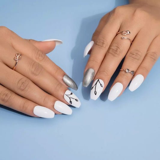 Hand Painted Nails White and Silver Press on Nails Set