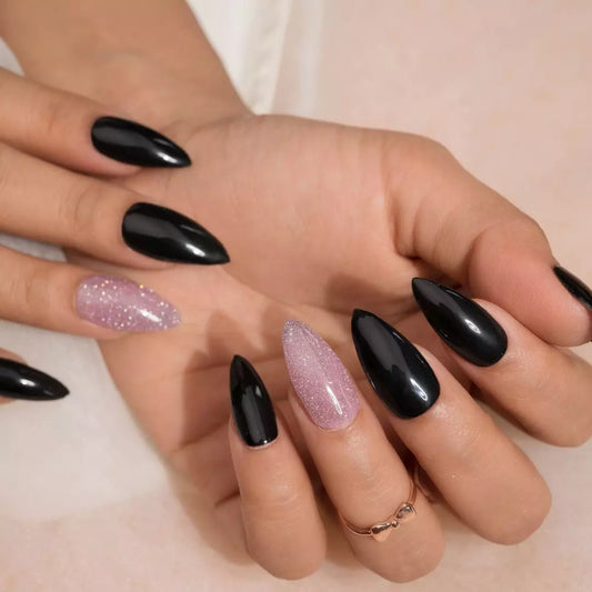 Glossy Black Reflective Glitter Fake Nails Set