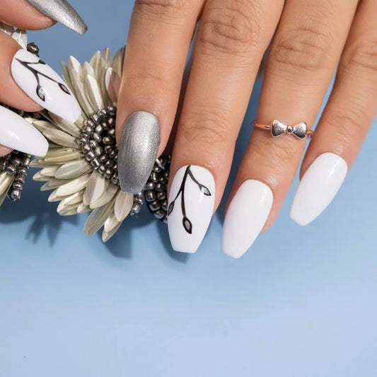 Hand Painted Nails White and Silver Press on Nails Set
