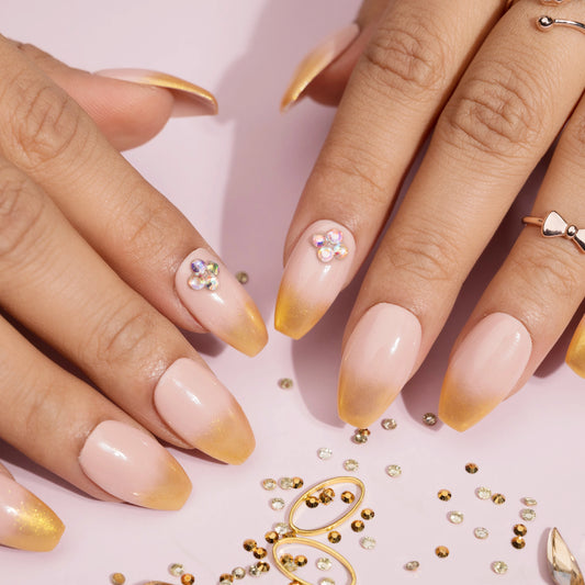 Golden Chrome and Diamond Press On Nails Set with Golden Ombre Nails Pattern
