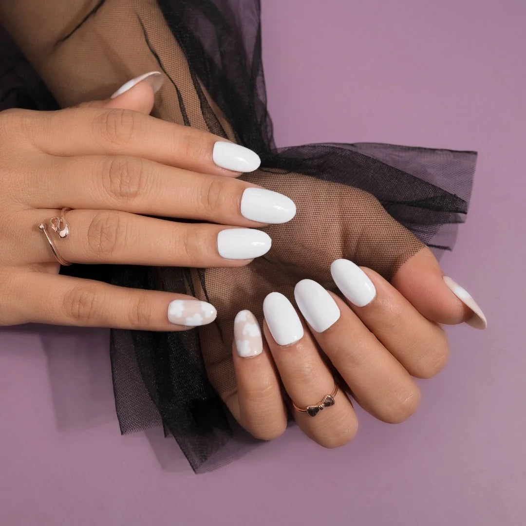 White and Cloudy Glossy Stick on Nails Set