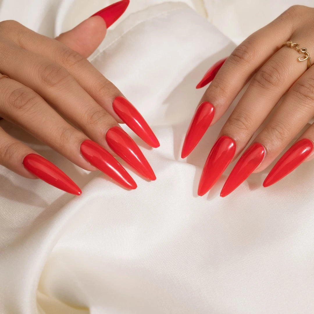 Plain Long Red Accent Glossy Presson Nails