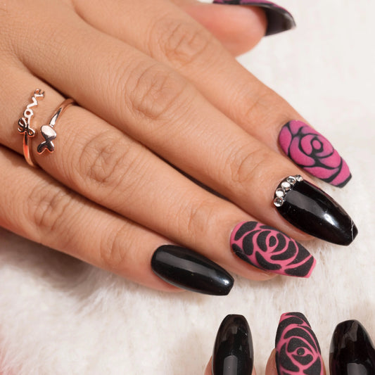 Elegant Black And Pink 3D Rose Reusable Press-On Nails Set