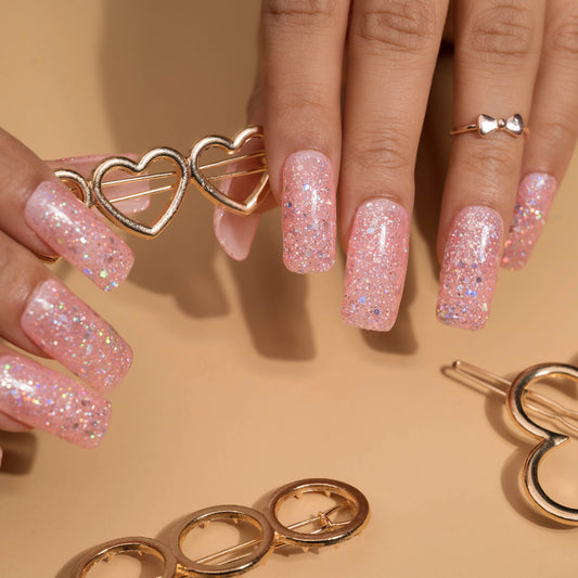 Light Pink and Holographic Fake Nails Artificial Nails Set
